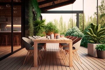 Fototapeta premium generative ai illustration of modern Wooden terrace with wooden table and chairs, food on the table, many green plants, modern look, great modern house in the background