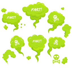 Green toxic fart. Green cartoon clouds of gas with comic style text Fart . Stinky clouds set. Flatulence symbol. Steam chemicals smoke, body bad scent garbage odor effect. Vector illustration - obrazy, fototapety, plakaty