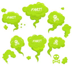 Foto op Canvas Green toxic fart. Green cartoon clouds of gas with comic style text Fart . Stinky clouds set. Flatulence symbol. Steam chemicals smoke, body bad scent garbage odor effect. Vector illustration © EVGENIY