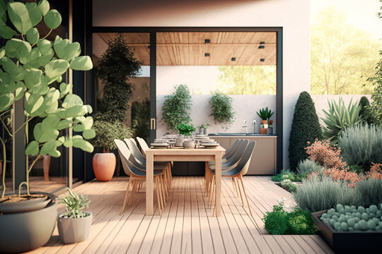 generative ai illustration of modern Wooden terrace with wooden table and chairs, food on the table, many green plants, modern look, great modern house in the background
