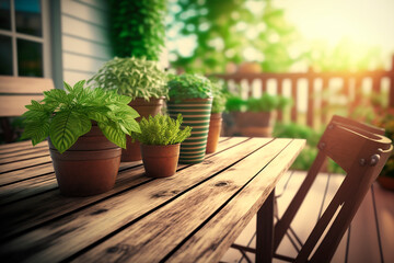 Fototapeta na wymiar generative ai illustration of modern Wooden terrace with wooden table and chairs, food on the table, many green plants, modern look, great modern house in the background