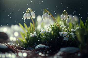 Fototapeta na wymiar Meadow full of snowdrops growing out of melting snow AI generativ.