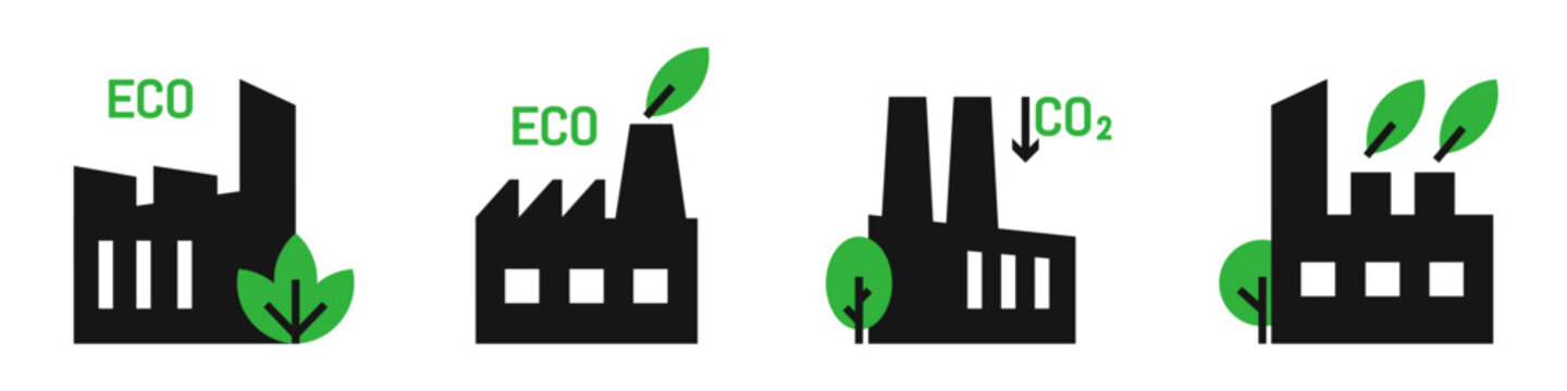 Green factory vector set. Factory building, green industry icon