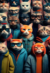 A group of cats dressed and looking like people. Ai generative