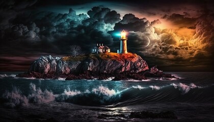 Lighthouse Trying to Illuminate the High Seas on a Stormy Night with Extremely High and Dangerous Waves Generated by AI