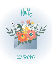 Hello spring. Spring flowers, leaves in envelope on blue background.