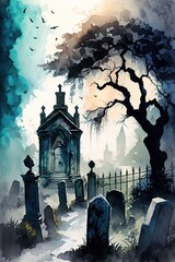 scary cemetery cartoon illustration , generative ai