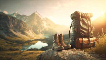 Old leather Backpack and Boots standing in beautiful mountain landscape with sunrise sunlight. Generated AI Illustration. - 574954784
