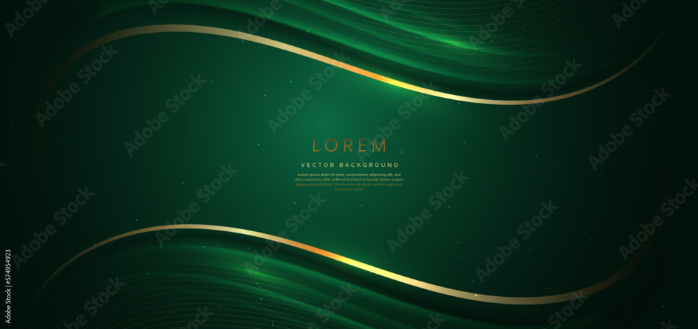 Wall mural 3d gold curved lines on dark green background with lighting effect and sparkle with copy space for t