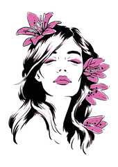 ashion illustration of spring woman with flowers in hair