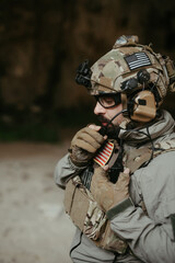 American military soldier in the war. Concept of military special forces with weapons.