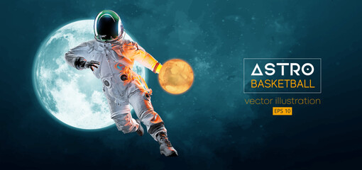 Basketball player astronaut in space action and Moon, Mars planets on the background of the space. Vector illustration © Yevheniia