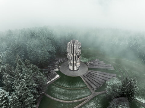 Kozara Spomenik - Yugoslavian Monument in Bosnia and Herzegovina (Brutalism, aerial shot)