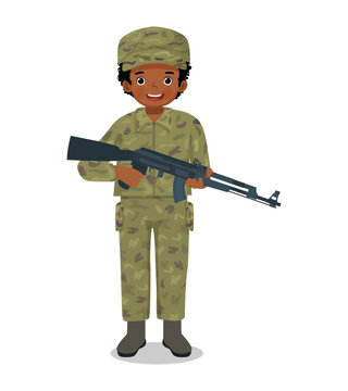 recommend clip art: Cute little African boy wear camouflage soldier combat uniform holding rifle gun