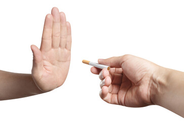 Hand refusing a cigarette offer, cut out