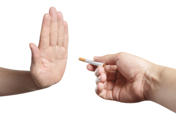 Hand refusing a cigarette offer, cut out
