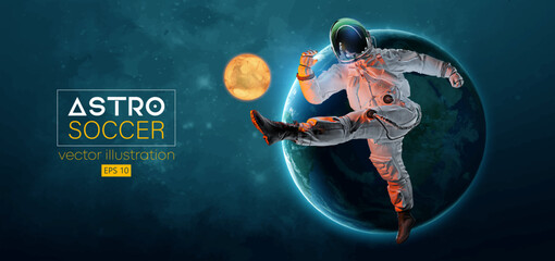 Soccer football player astronaut in space action and Moon, Mars planets on the background of the space. Vector illustration © Yevheniia