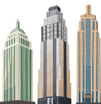 Set Of American Skyscrapers Colorful Vector Icons.