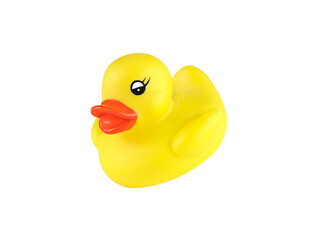 Side view of yellow rubber duck bath toy isolated on white