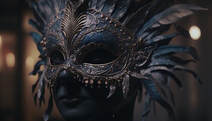 Blue Carnival Mask with Feathers Very Well Detailed and Perfected Generated by AI