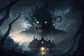 Haunted house, dark and scary house with big horror face , generative ai