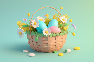 3D Easter basket and colorful eggs with spring flowers. Greeting card, banner design. Generated AI