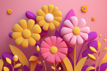 Naklejka premium Cartoon 3d spring flowers, daises on pink background. Mother's day, 8 May greetings, spring concept. Generated AI