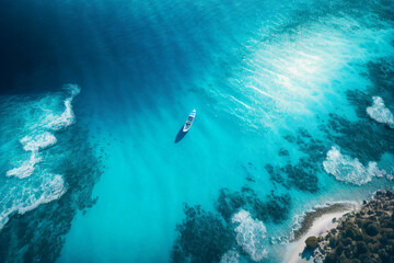 Fototapeta na wymiar aerial view single boat in the middle of the clear blue sea ocean Generative AI