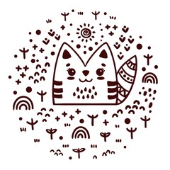 Stylized cat in the Scandinavian style. Monochrome illustration of a cat in a line