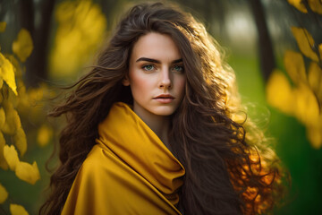 Elegant happy young woman in yellow dress with long hair. Ai generative.