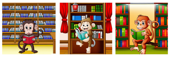 3 monkeys reading books in library vector watercolor effect