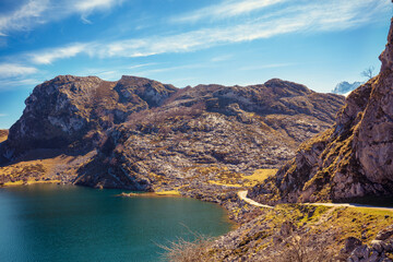Naklejka premium Beautiful mountain landscape. Peaks of Europe (Picos de Europa) National Park. A glacial Lake Enol. Asturias, Spain