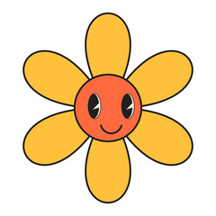 Groovy flower cartoon characters. Funny happy daisy with eyes and smile.