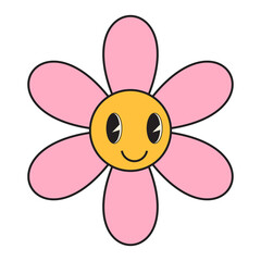 Groovy flower cartoon characters. Funny happy daisy with eyes and smile.