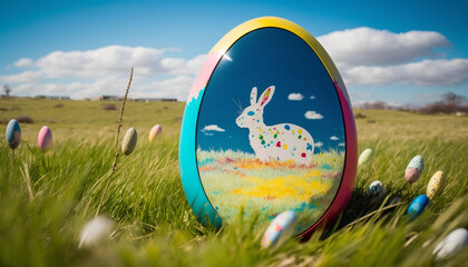 Colorful easter egg in a grassy field, AI Generative
