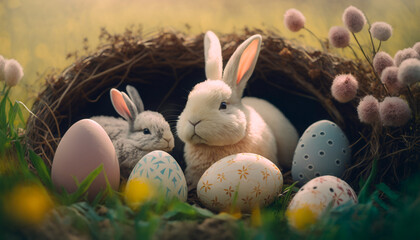 Fototapeta na wymiar Easter bunny surrounded by easter eggs, AI Generative
