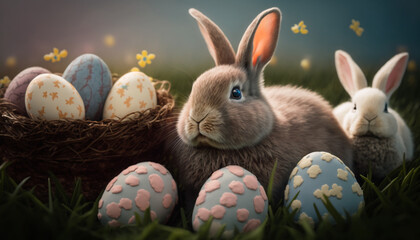 Easter bunny surrounded by easter eggs, AI Generative
