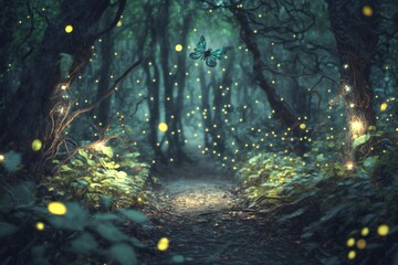 Enchanted Forest Landscape with Glittering Leaves Magic Generative AI