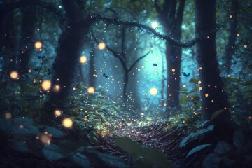 Enchanted Forest Landscape with Glittering Leaves Magic Firefly Generative AI