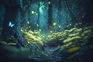 Fototapeta premium Enchanted Forest Landscape with Glittering Leaves Magic Generative AI
