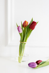 Bouquet of spring tulips flowers on white background. Home decor with tulips bouquet. Spring time at home. International women's day.