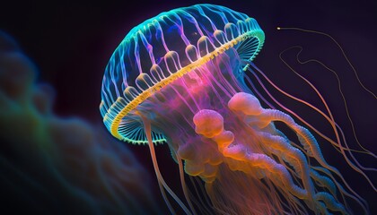 beautiful close up of a jellyfish in the sea with nice lights and colors