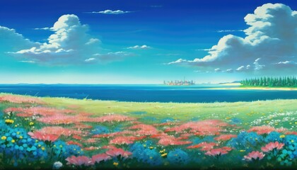 Obraz na płótnie Canvas landscape with flowers over sea, ai generated animation.