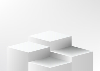 3D realistic group of empty white cube podium stand isolated minimal wall scene background