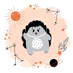 a hedgehog in a spacesuit with a helmet and a planet. 