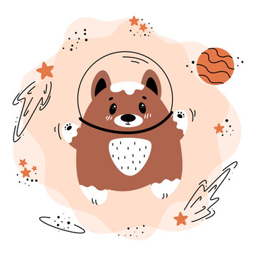 A dog in a spacesuit with a helmet and a planet.