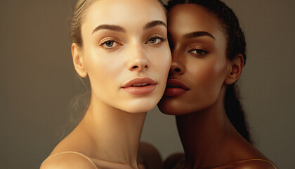 Close up beauty portrait of white woman and black woman