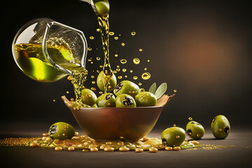 Olive oil flavored with spices is poured over green olives, generative ai