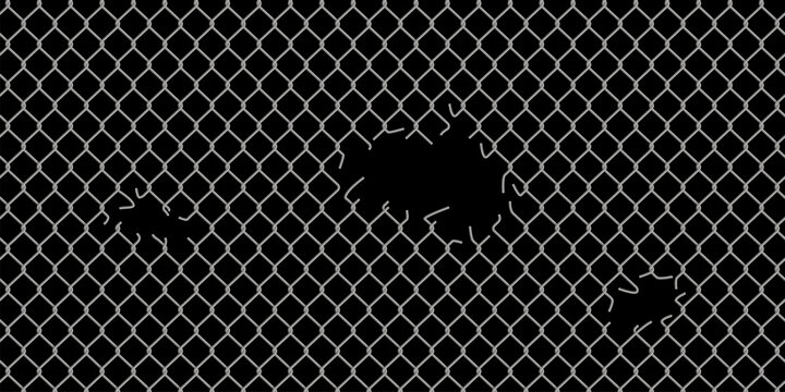 Holes in wire mesh of steel fence vector illustration. 3d realistic torn metal chains of net cage or construction barrier, broken boundary iron wires and chainlink of prison or metallic safety border