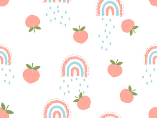 Seamless pattern of pink peach fruit with green leaves and rainbows on white background vector.